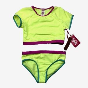 New Justice Bikini Swimsuit Crop Top Girls M 10 Short Sleeve Rash Guard Neon